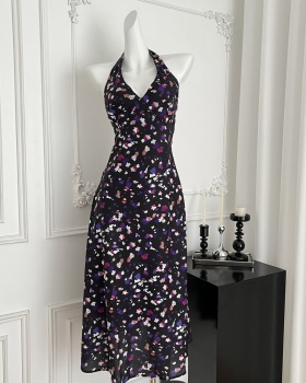 Retro V-neck sling pinched waist dress for women