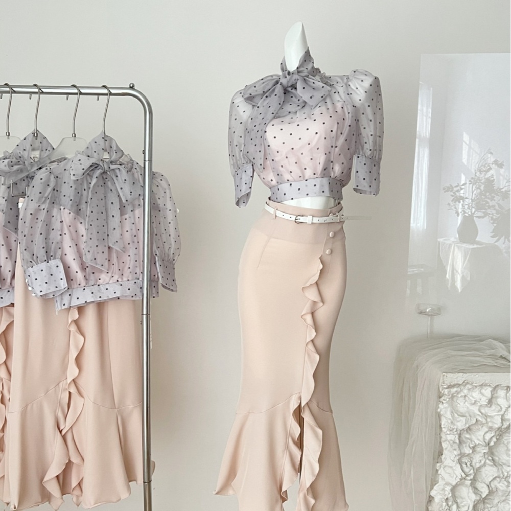 Puff sleeve mermaid skirt summer short tops a set for women