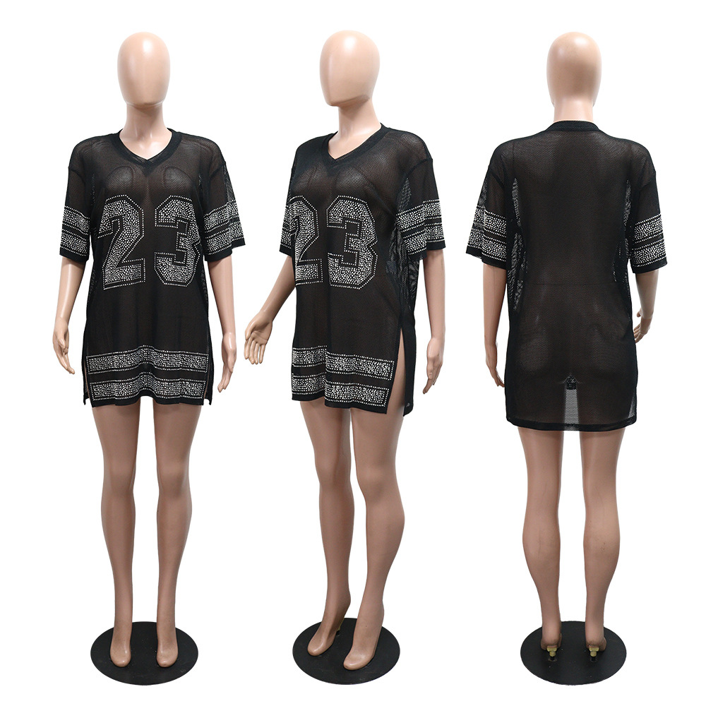 Round neck mesh T-shirt long perspective tops for women