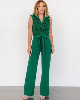 Casual wood ear V-neck long slim frenum jumpsuit