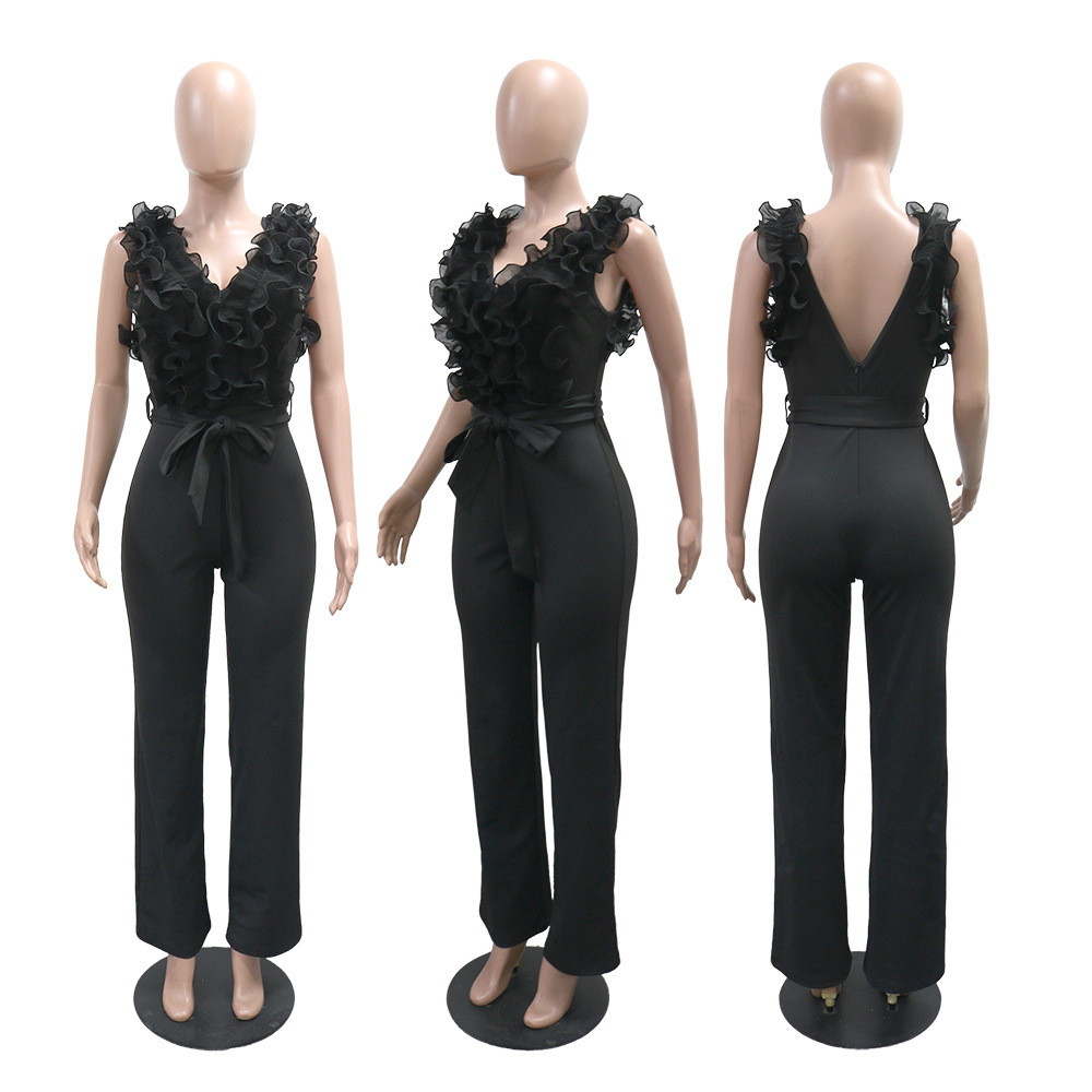 Casual wood ear V-neck long slim frenum jumpsuit