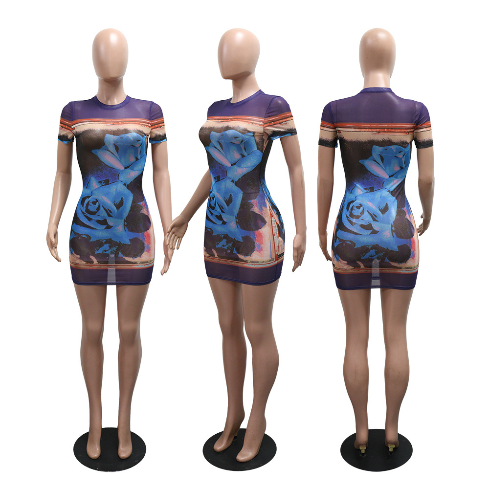 European style printing T-back short sleeve sexy dress