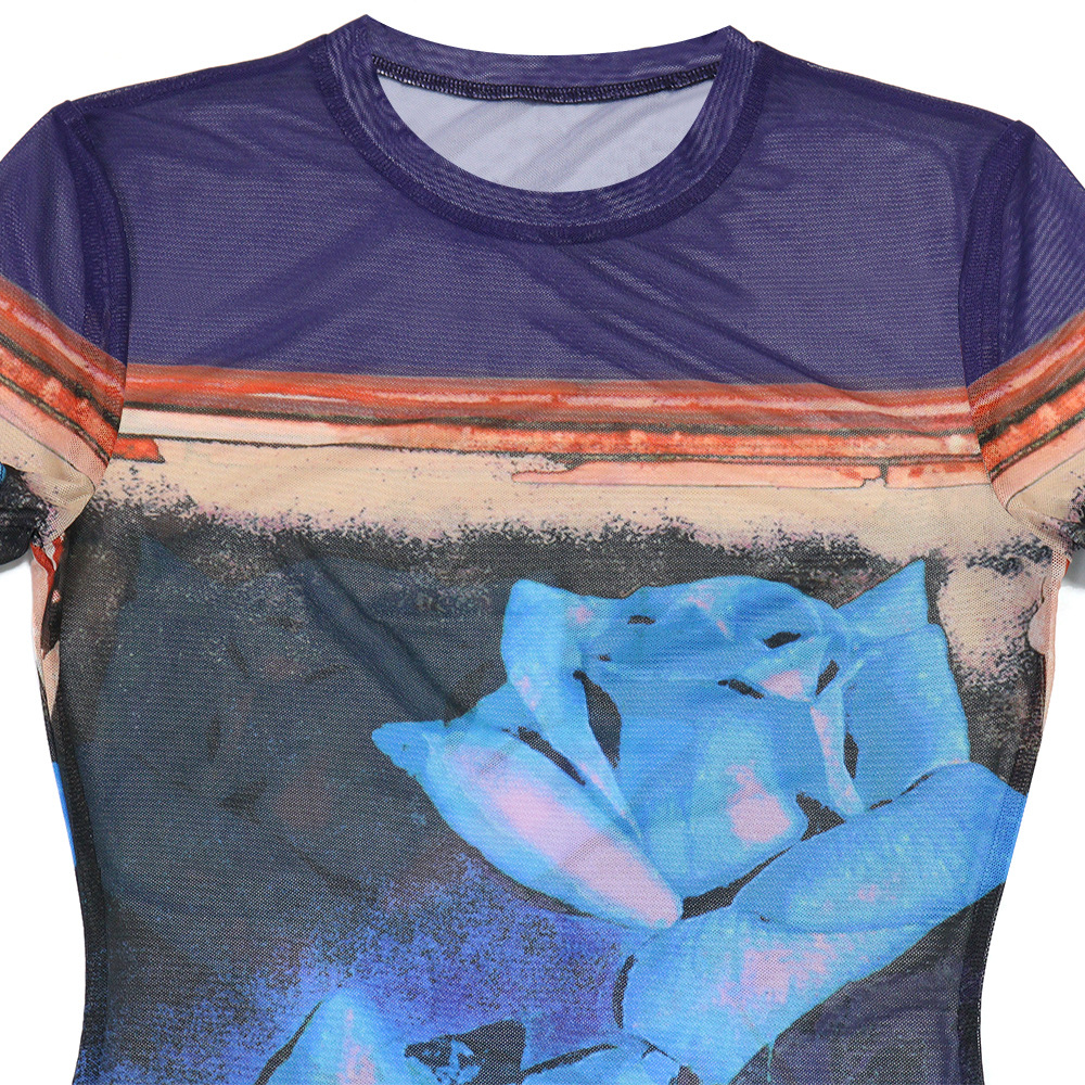 European style printing T-back short sleeve sexy dress