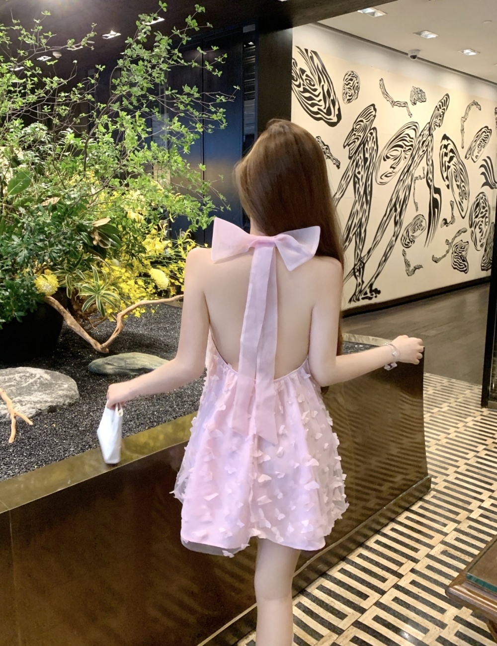 Fashion pink halter sleeveless lovely bow stereoscopic dress