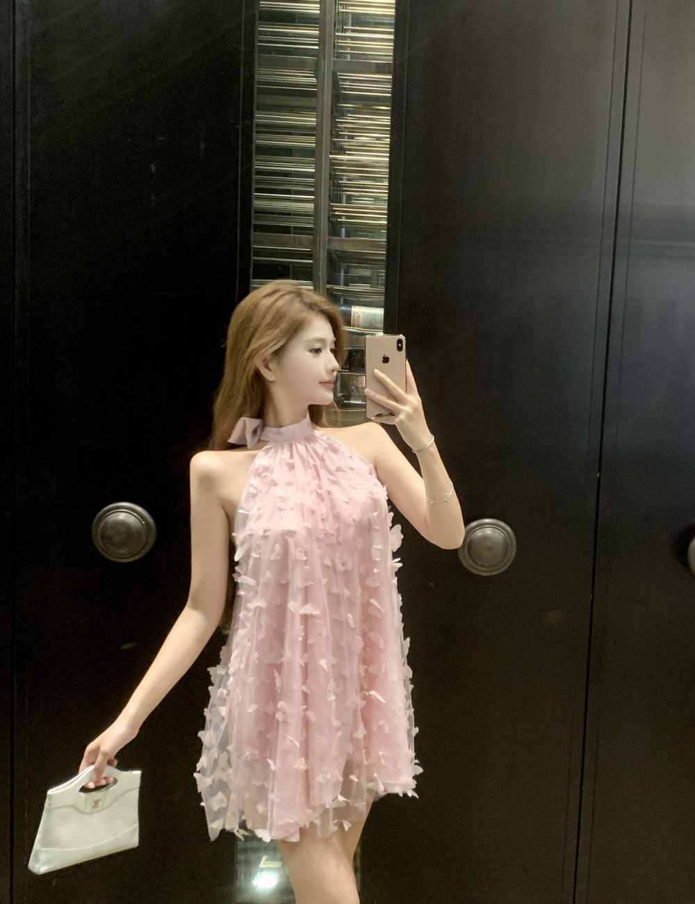 Fashion pink halter sleeveless lovely bow stereoscopic dress