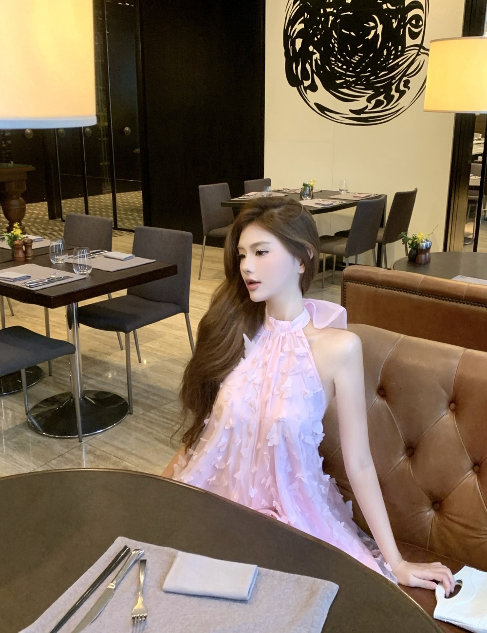 Fashion pink halter sleeveless lovely bow stereoscopic dress