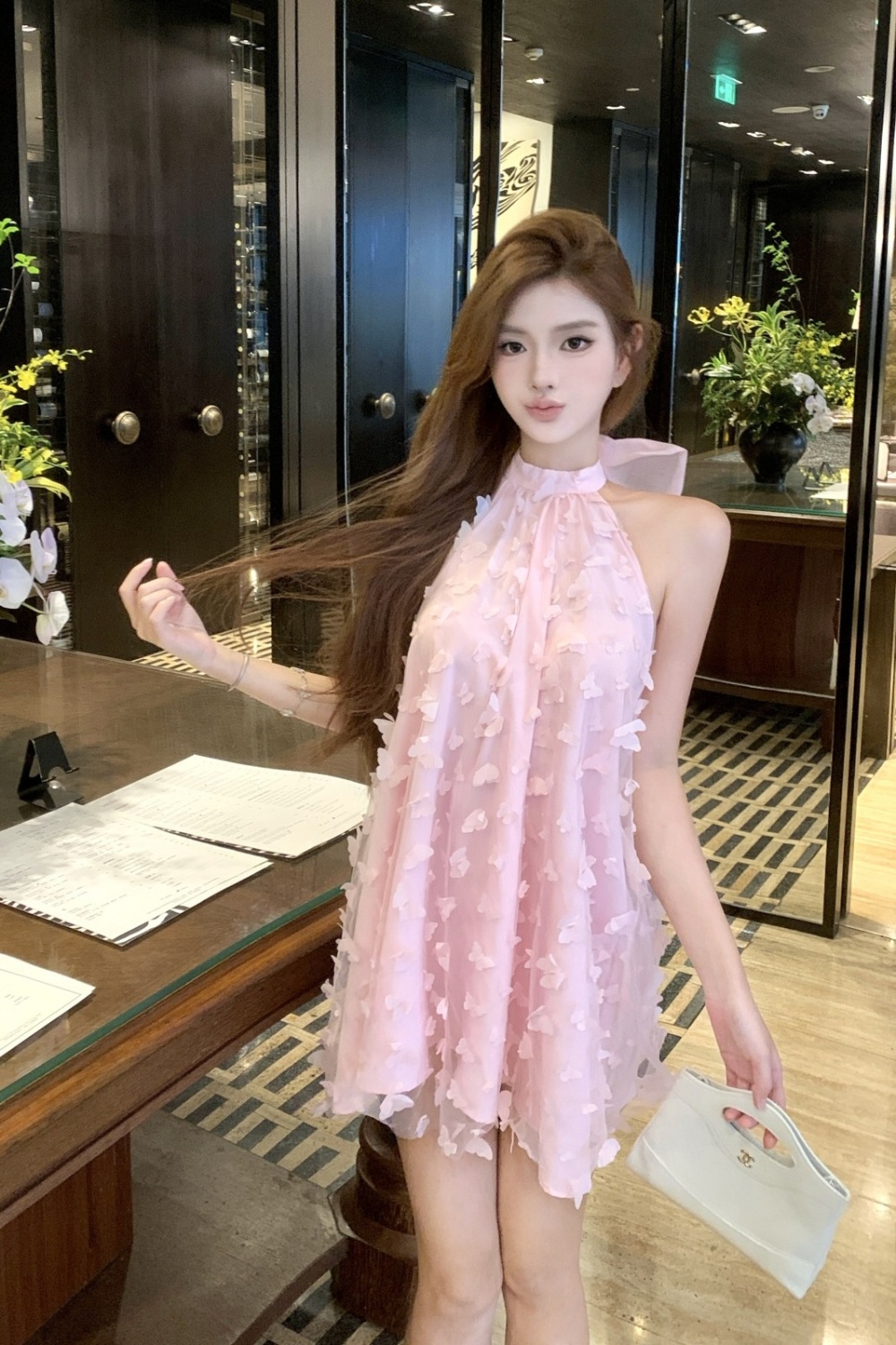 Fashion pink halter sleeveless lovely bow stereoscopic dress