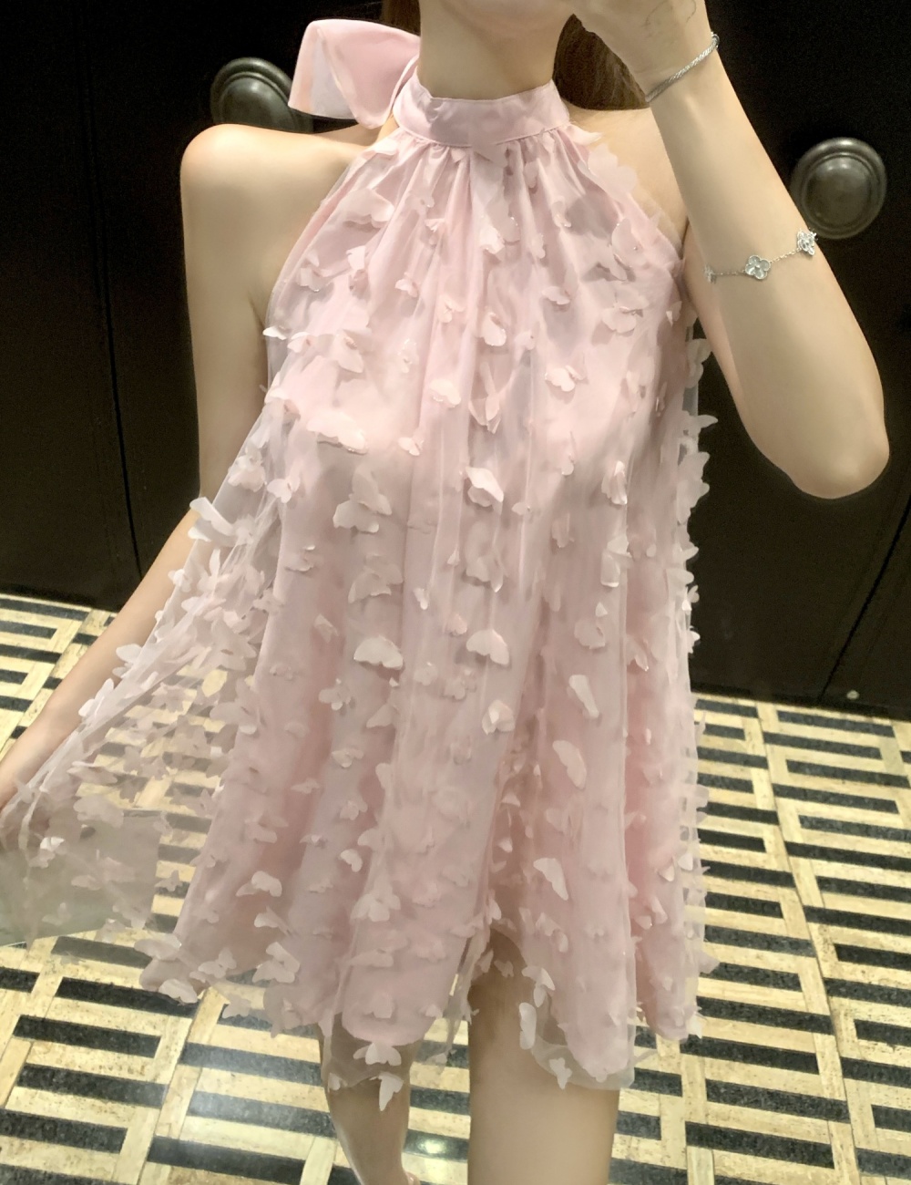 Fashion pink halter sleeveless lovely bow stereoscopic dress