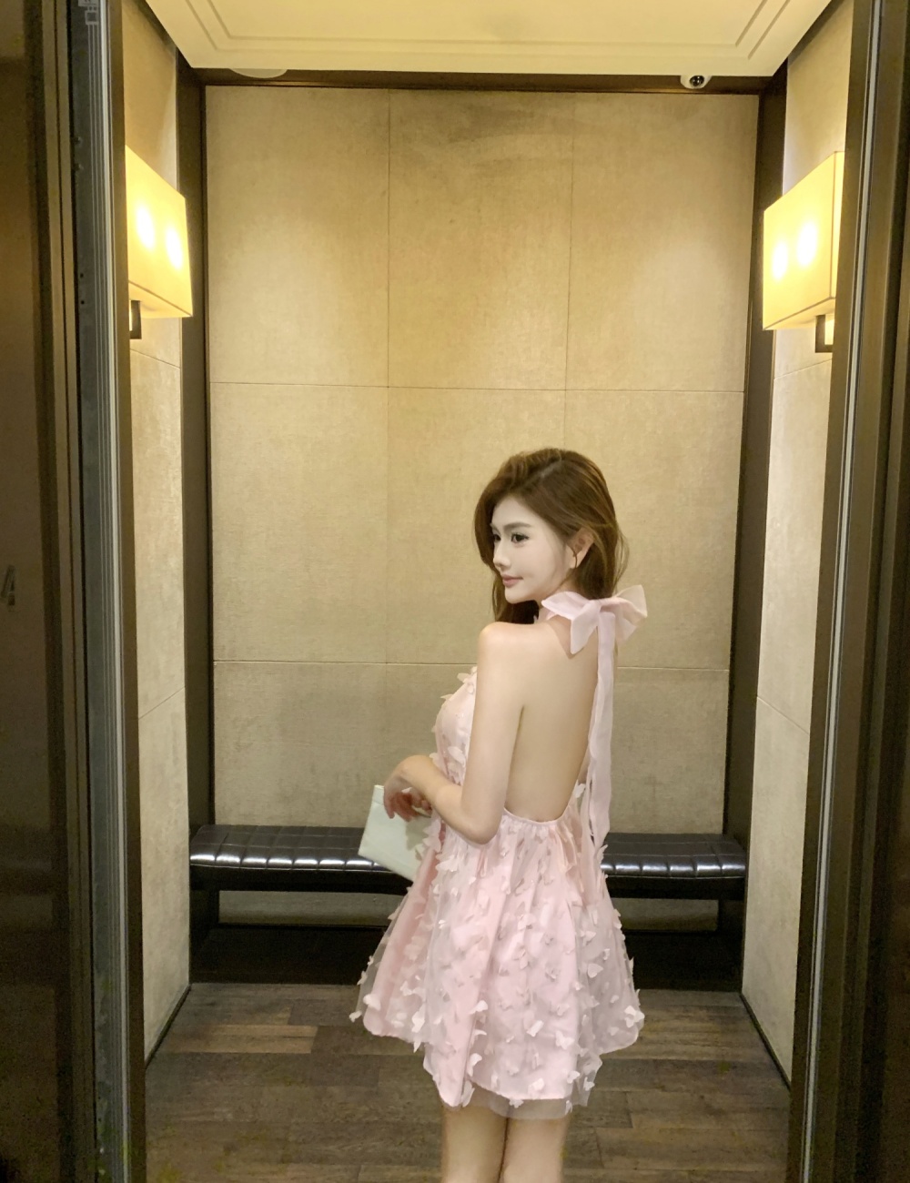 Fashion pink halter sleeveless lovely bow stereoscopic dress