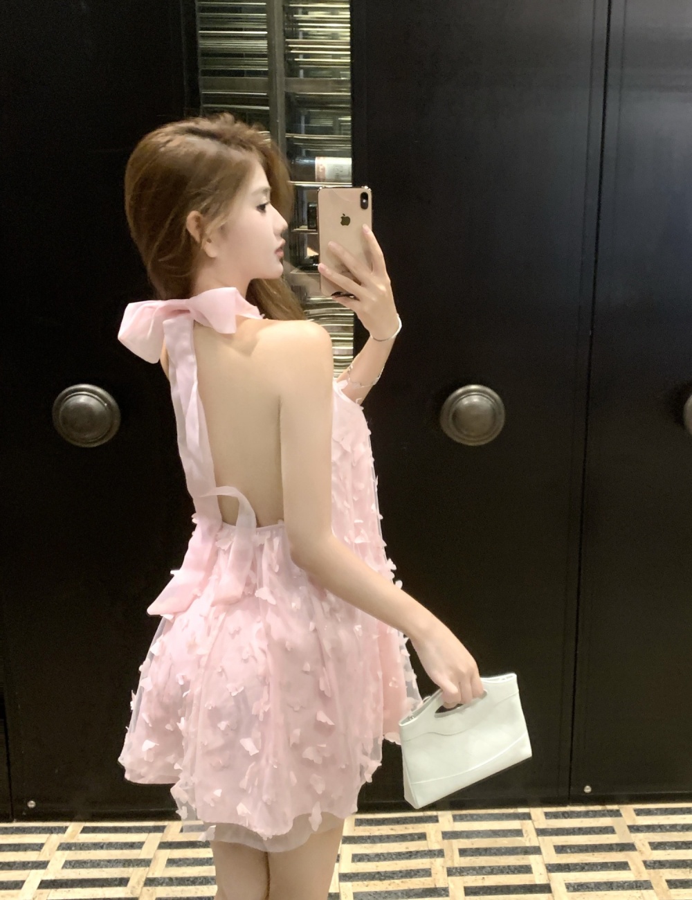 Fashion pink halter sleeveless lovely bow stereoscopic dress