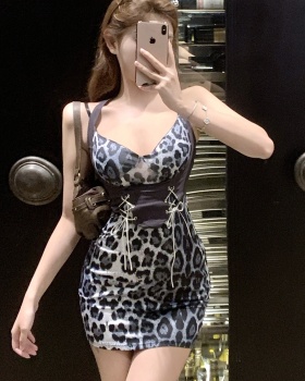 Sexy tight leopard halter splice dress for women