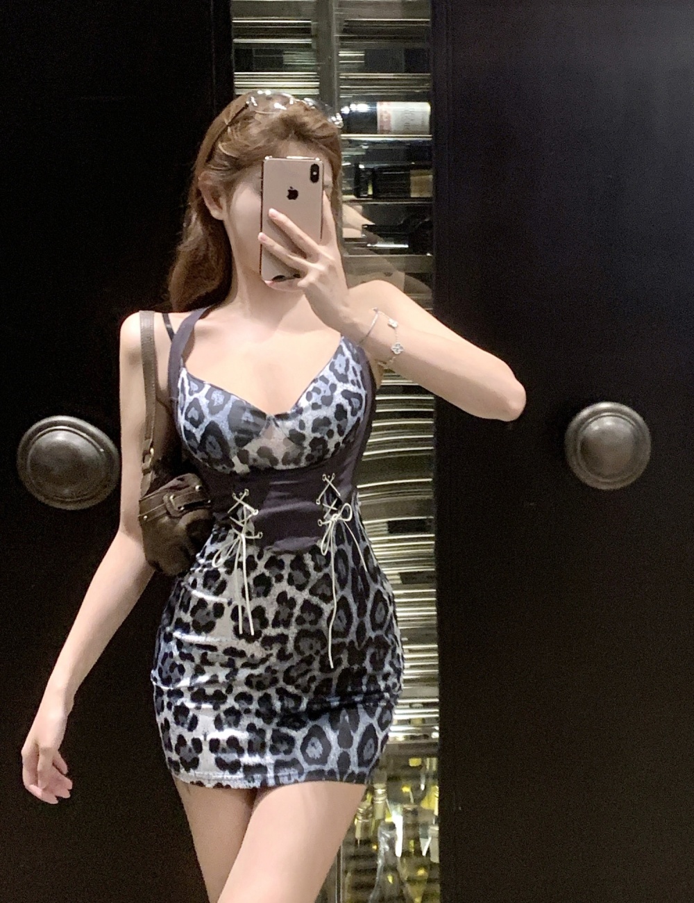 Sexy tight leopard halter splice dress for women