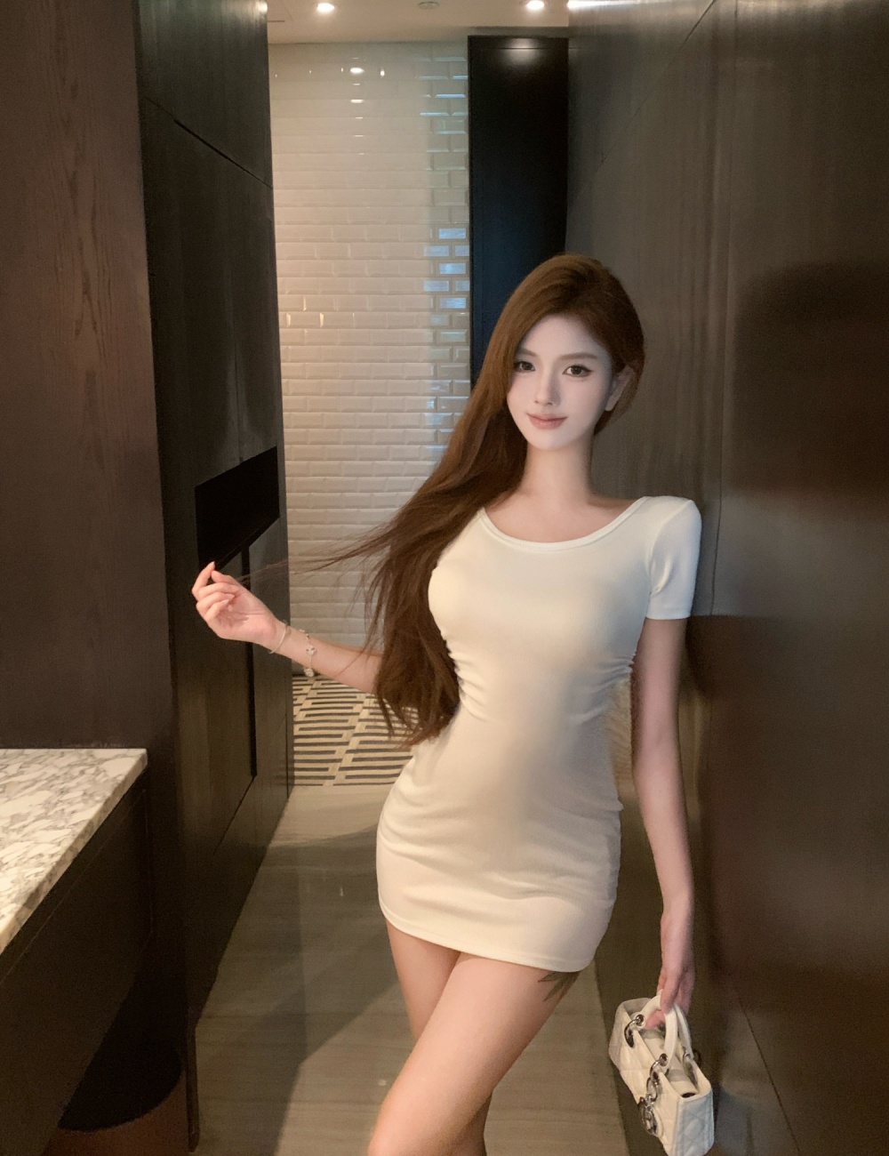 Short sleeve tight white package hip dress for women