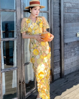 Puff sleeve flowers long dress France style vacation dress