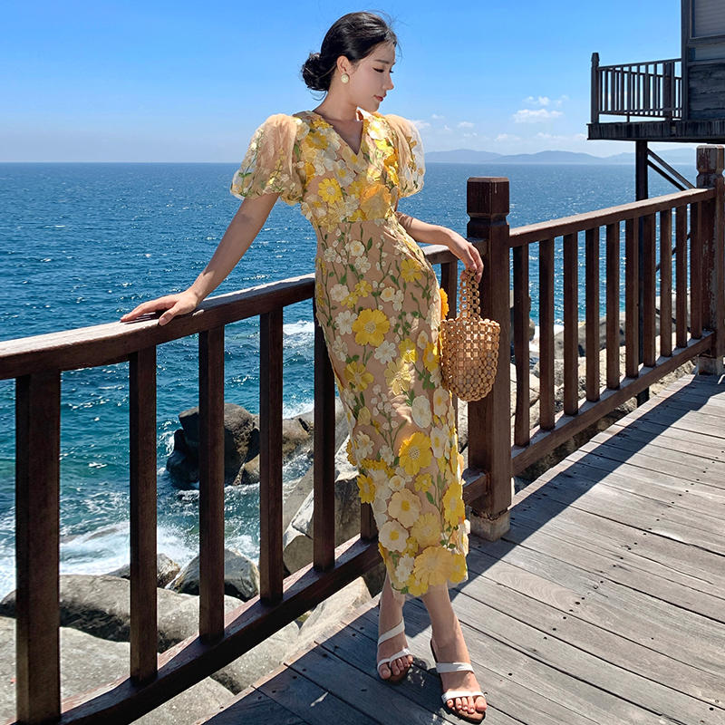 Puff sleeve flowers long dress France style vacation dress