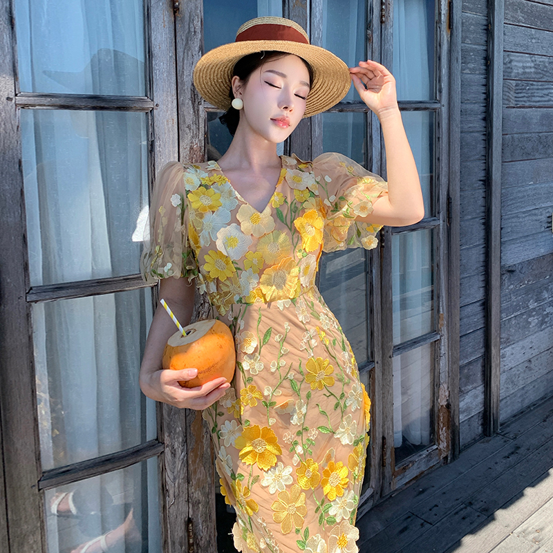Puff sleeve flowers long dress France style vacation dress