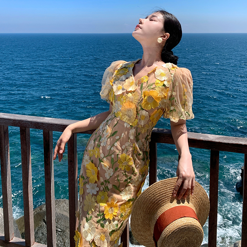 Puff sleeve flowers long dress France style vacation dress