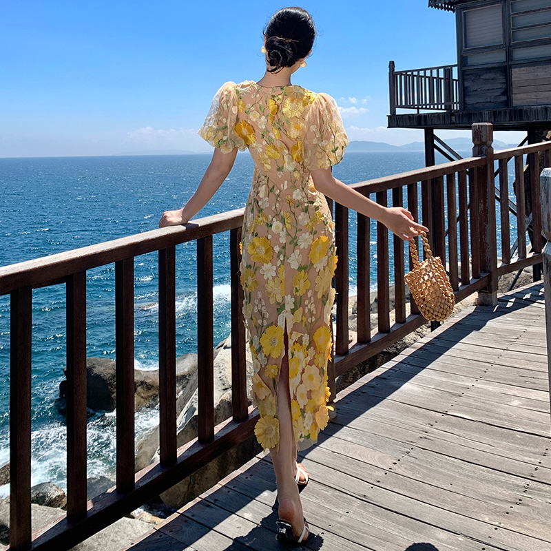 Puff sleeve flowers long dress France style vacation dress