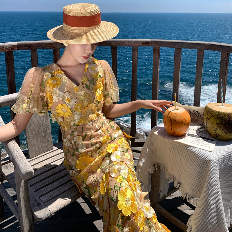 Puff sleeve flowers long dress France style vacation dress