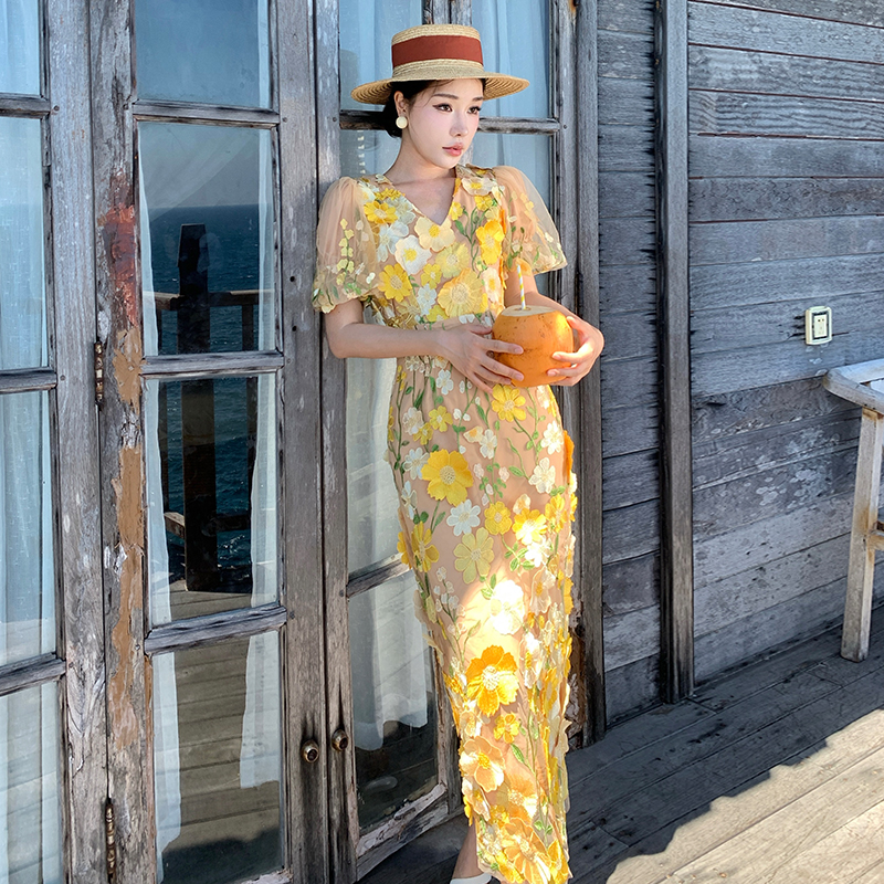 Puff sleeve flowers long dress France style vacation dress