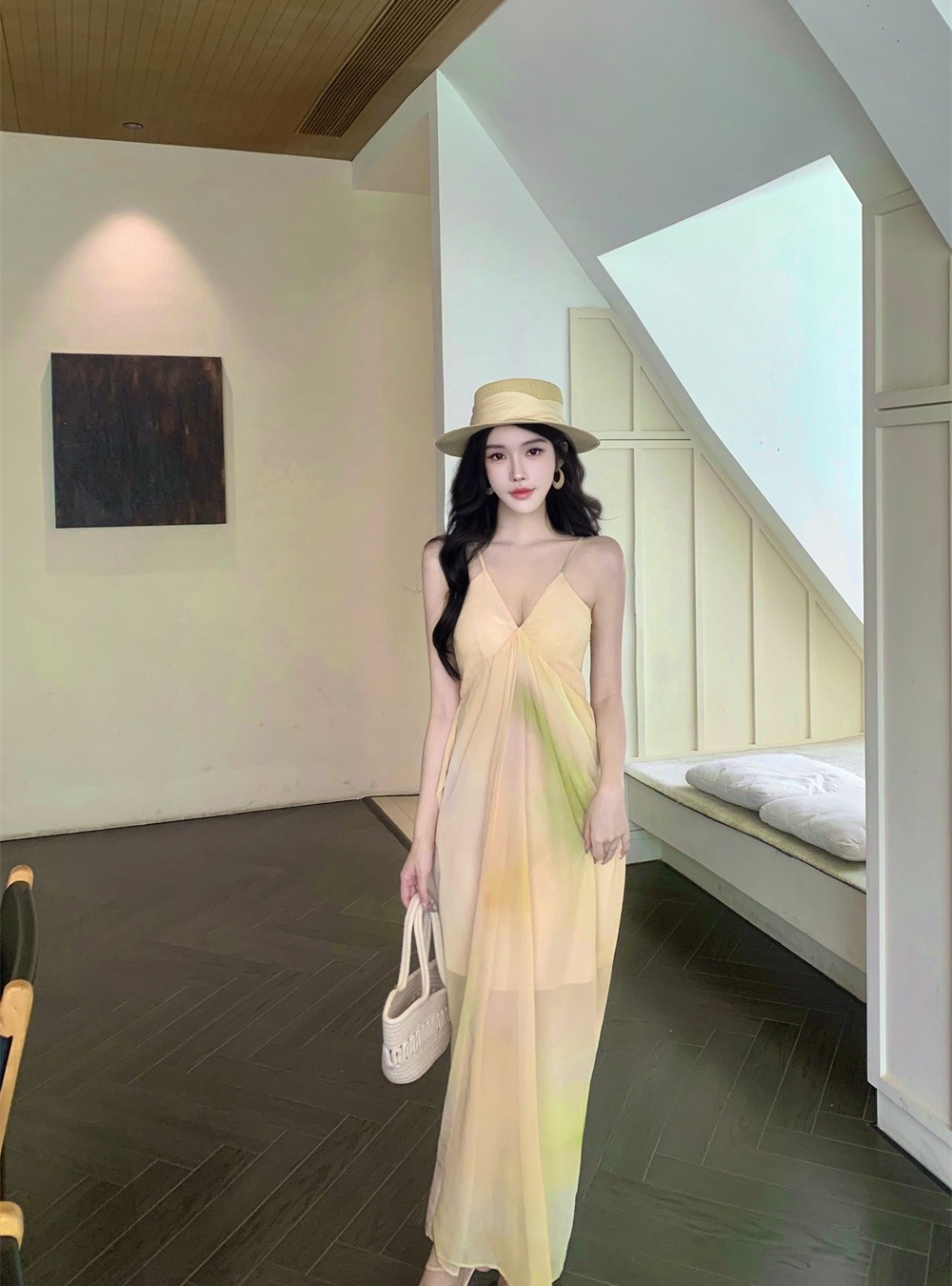 Summer sling dress blooming France style long dress