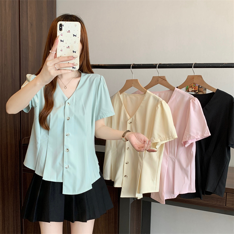 Summer slim tops V-neck France style shirt for women