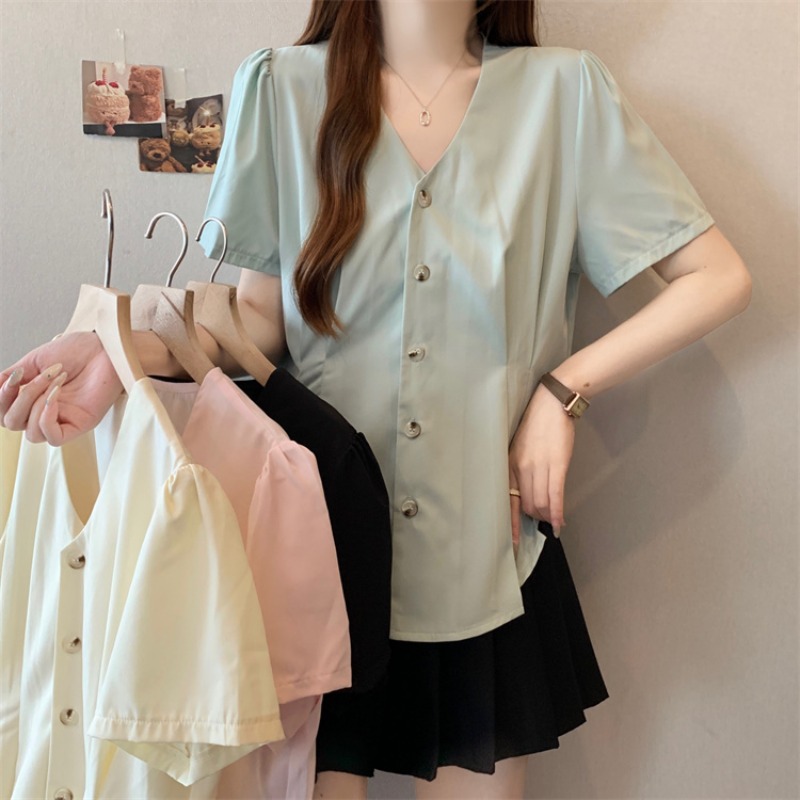 Summer slim tops V-neck France style shirt for women