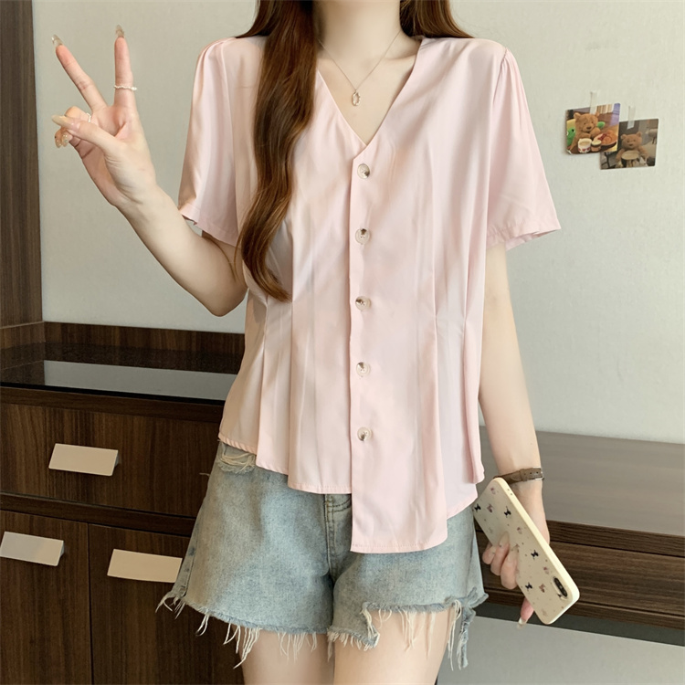 Summer slim tops V-neck France style shirt for women