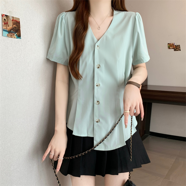 Summer slim tops V-neck France style shirt for women