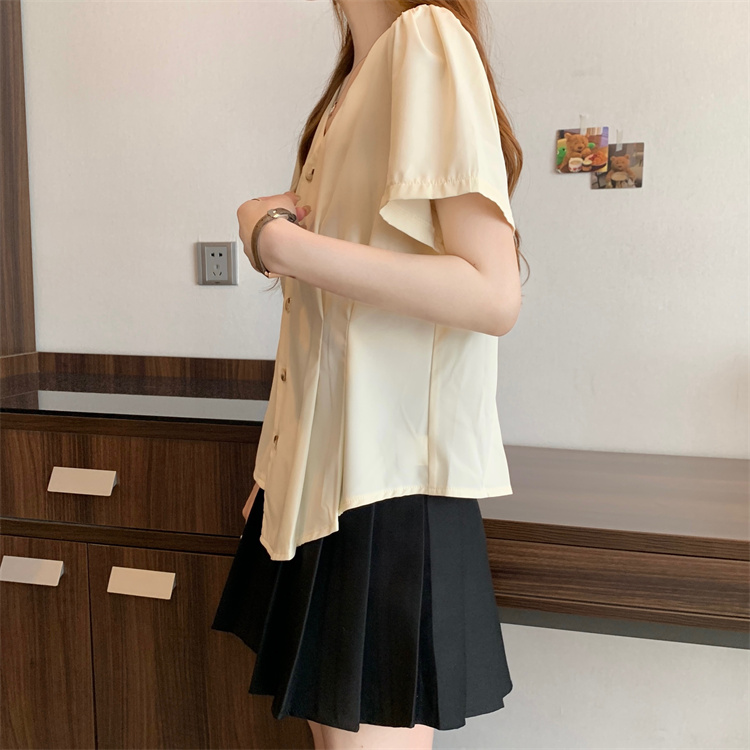 Summer slim tops V-neck France style shirt for women