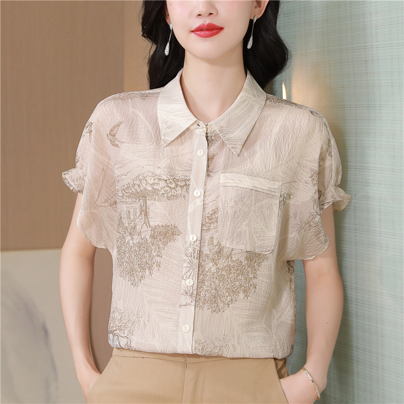 Short sleeve fashion tops silk summer shirt for women