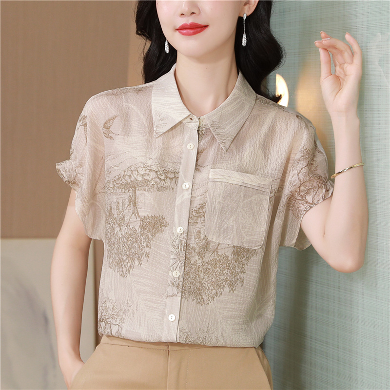 Short sleeve fashion tops silk summer shirt for women