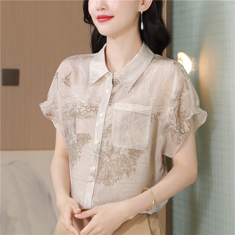 Short sleeve fashion tops silk summer shirt for women