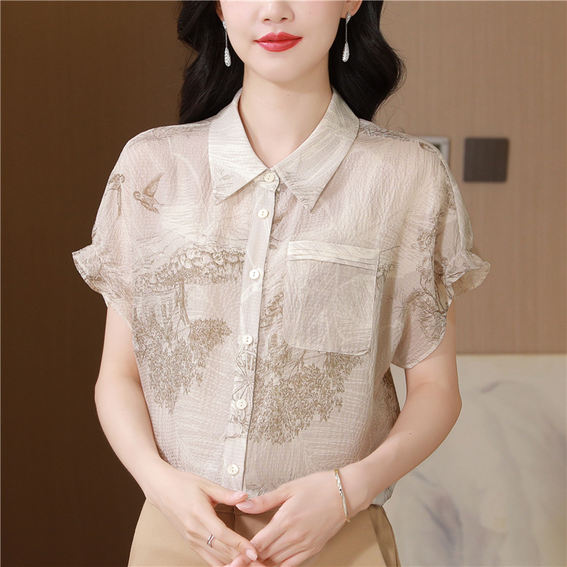 Short sleeve fashion tops silk summer shirt for women