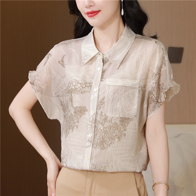 Short sleeve fashion tops silk summer shirt for women
