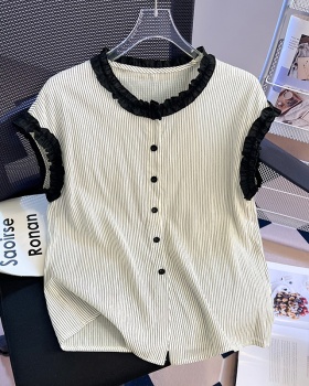 Round neck short sleeve tops stripe shirt for women