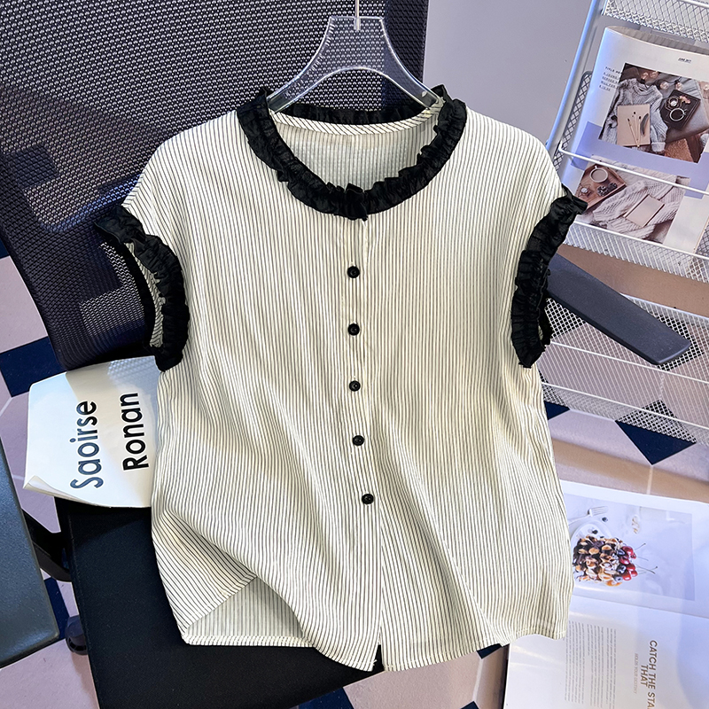 Round neck short sleeve tops stripe shirt for women