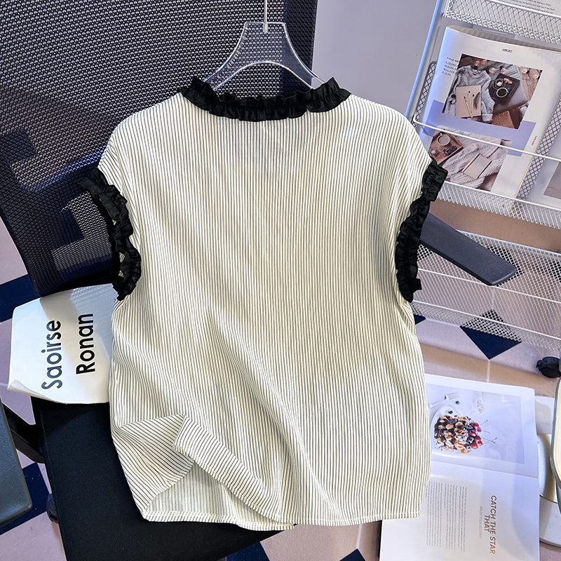 Round neck short sleeve tops stripe shirt for women