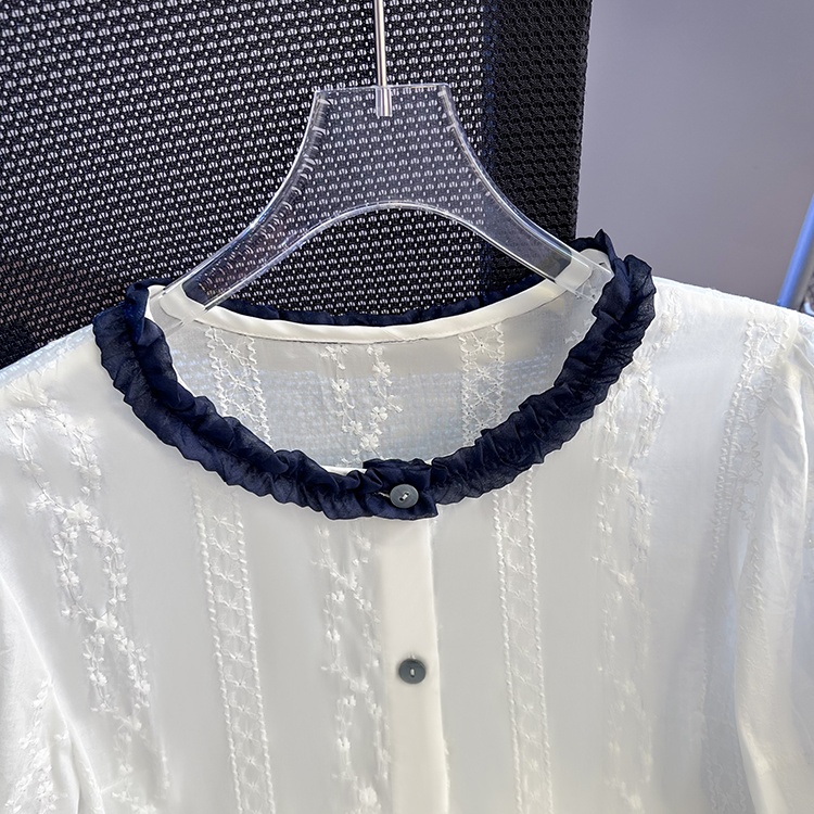 Puff sleeve mixed colors tops wood ear embroidery shirt