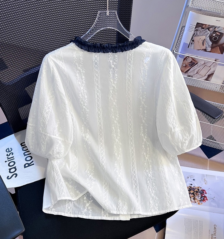 Puff sleeve mixed colors tops wood ear embroidery shirt