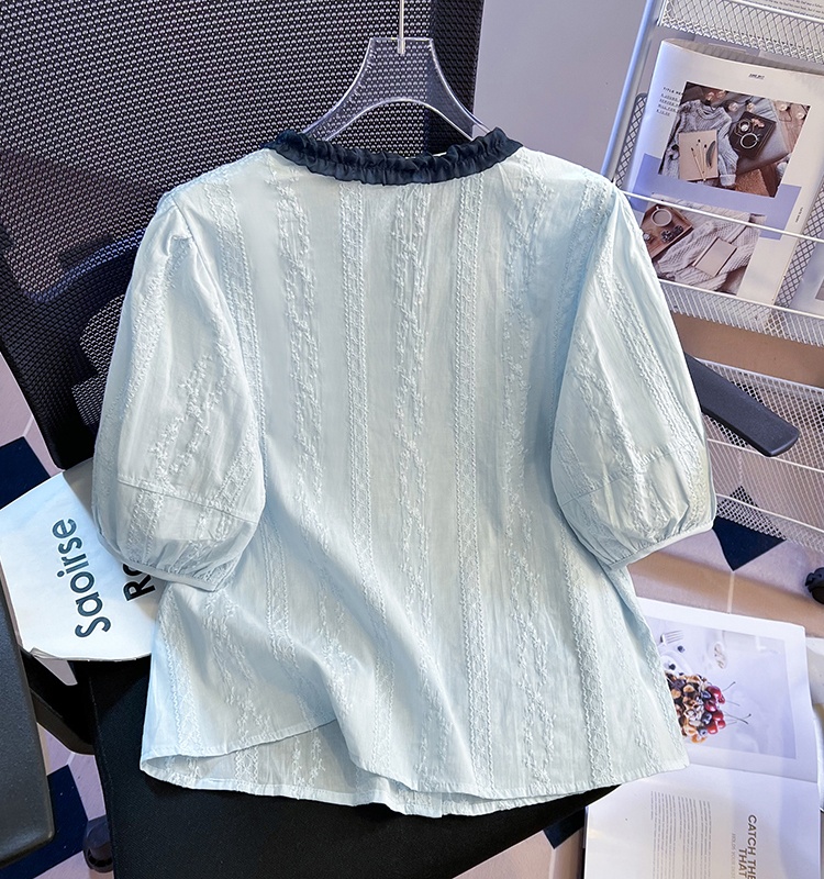 Puff sleeve mixed colors tops wood ear embroidery shirt