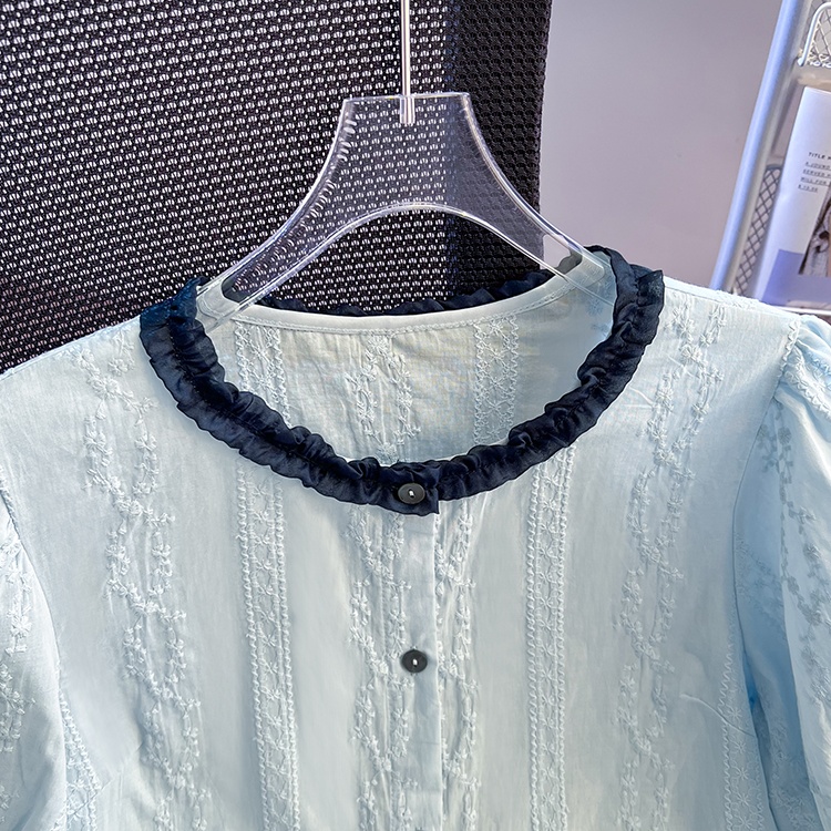 Puff sleeve mixed colors tops wood ear embroidery shirt