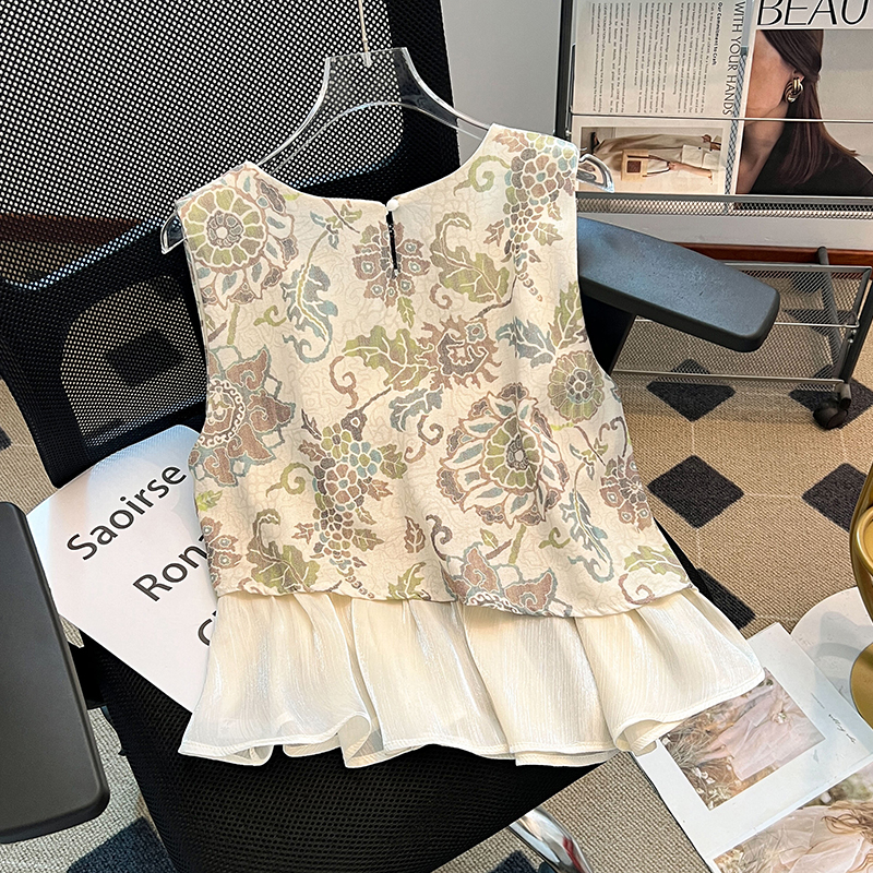 Printing back buckle round neck vest niche summer tops