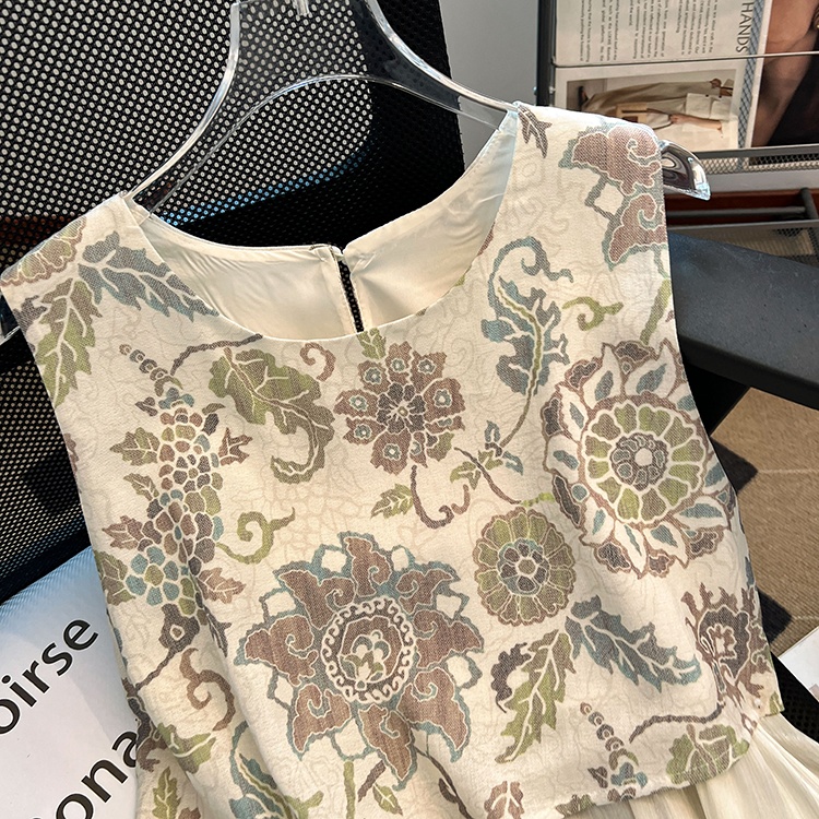 Printing back buckle round neck vest niche summer tops