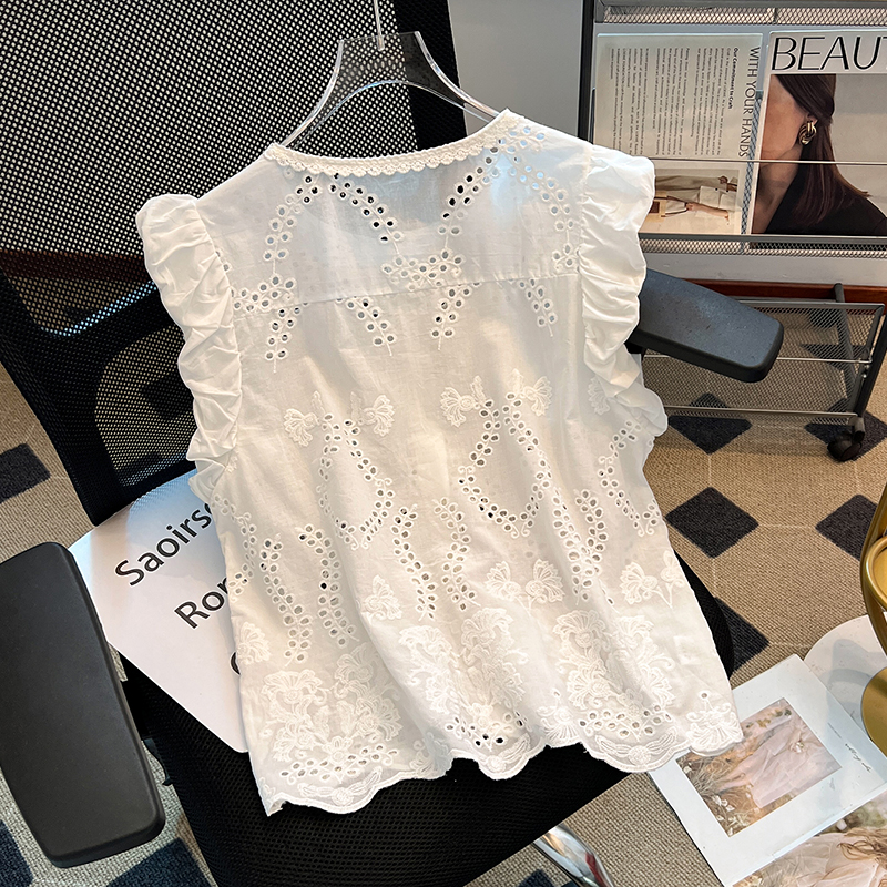 Short lace temperament tops white summer shirt for women