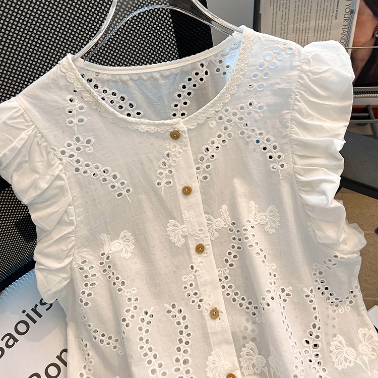 Short lace temperament tops white summer shirt for women