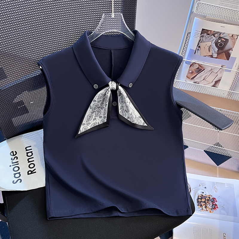 Sleeveless fashion scarves lapel summer T-shirt for women