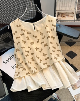 All-match bow slim tops printing fashion vest for women