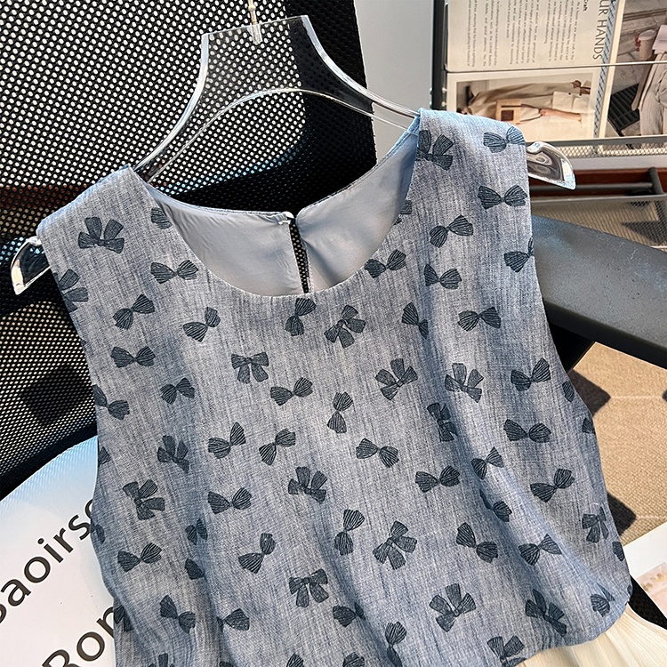 All-match bow slim tops printing fashion vest for women
