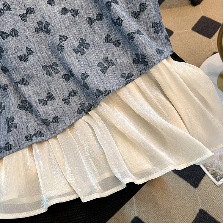 All-match bow slim tops printing fashion vest for women